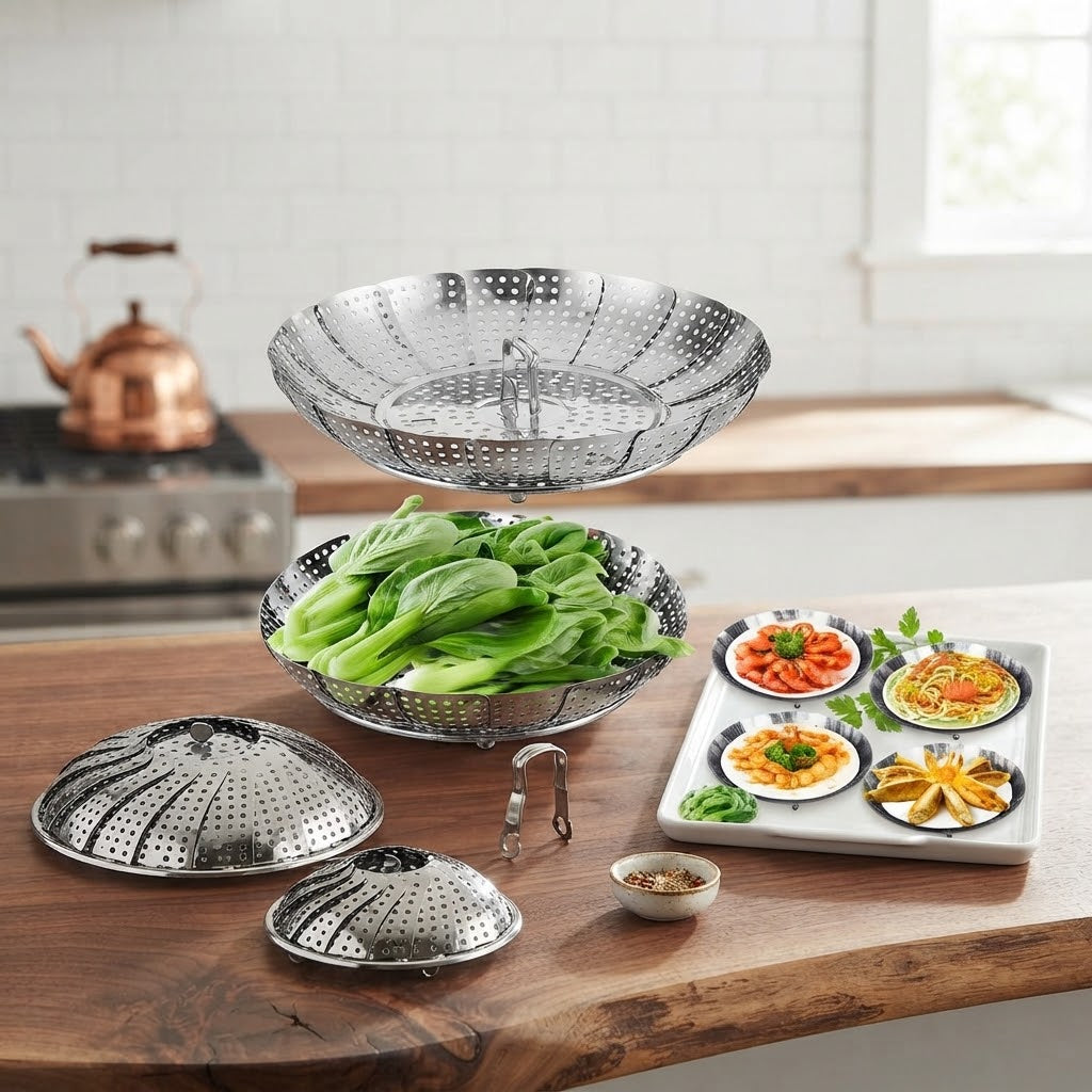 Foldable Stainless Steel Steamer Basket – Adjustable, Anti-Scald Kitchen Steamer