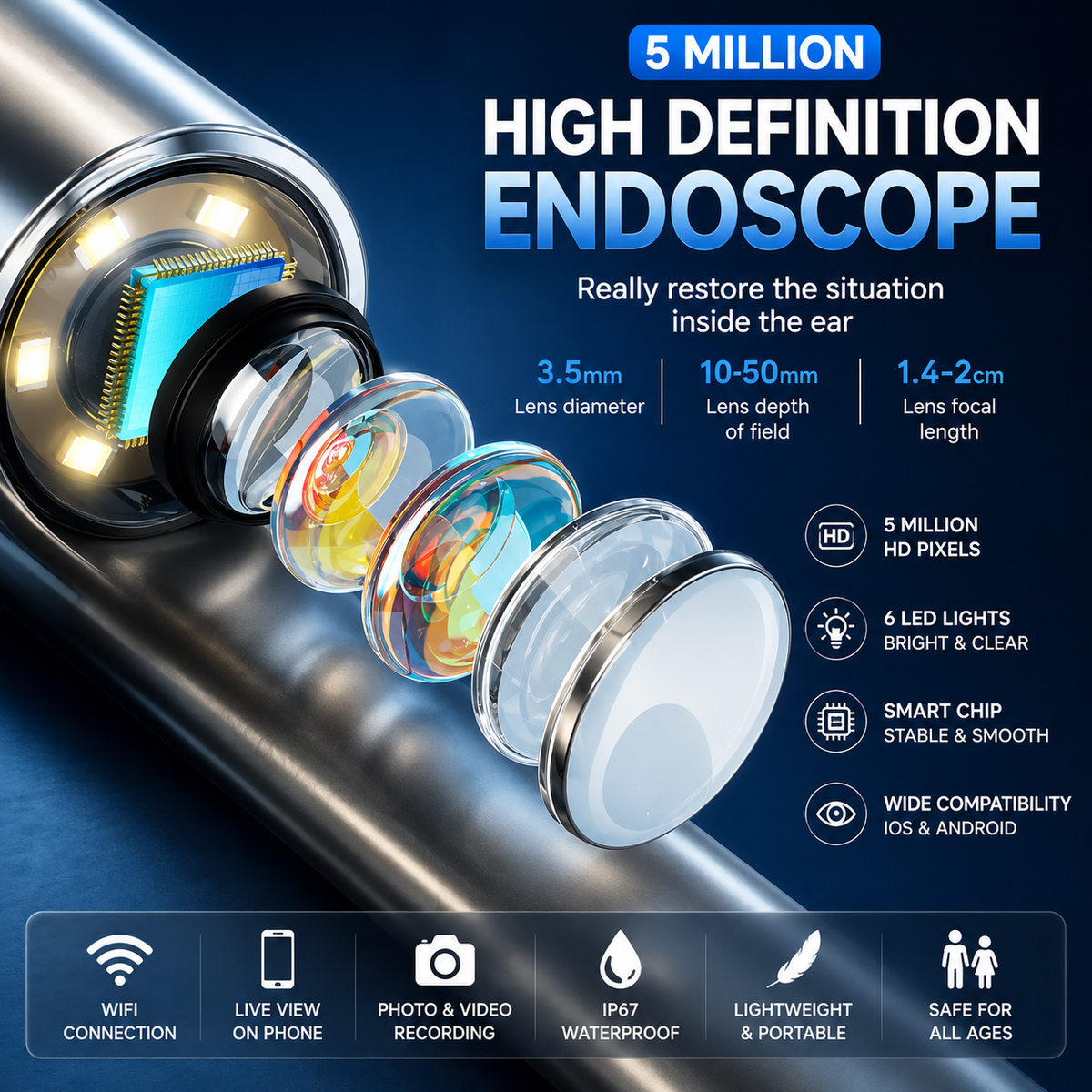 Wireless ear wax removal tool with LED light close-up