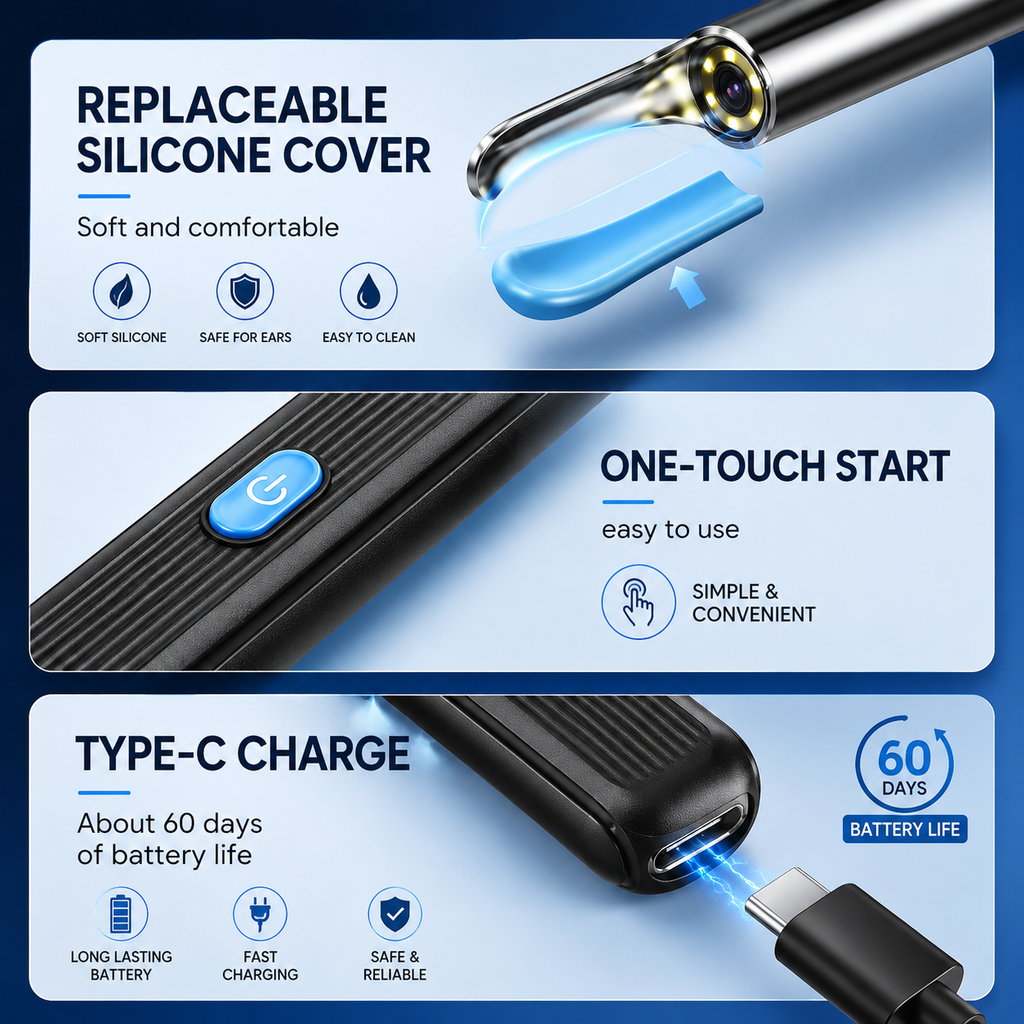 Smart ear cleaning tool with reusable tips and accessories
