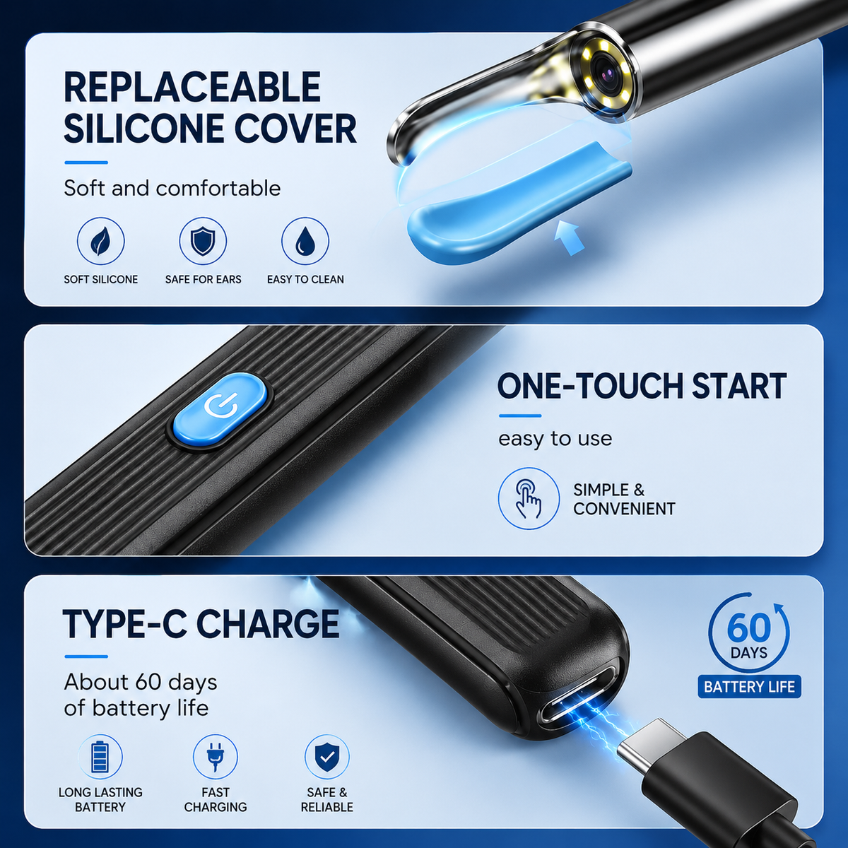 Smart ear cleaning tool with reusable tips and accessories