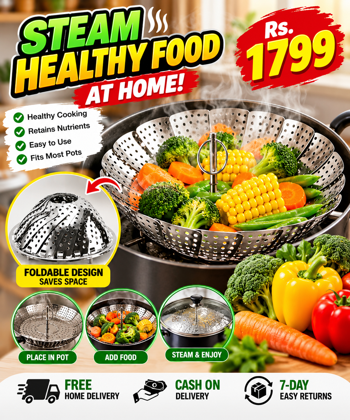 Foldable Stainless Steel Steamer Basket – Adjustable, Anti-Scald Kitchen Steamer