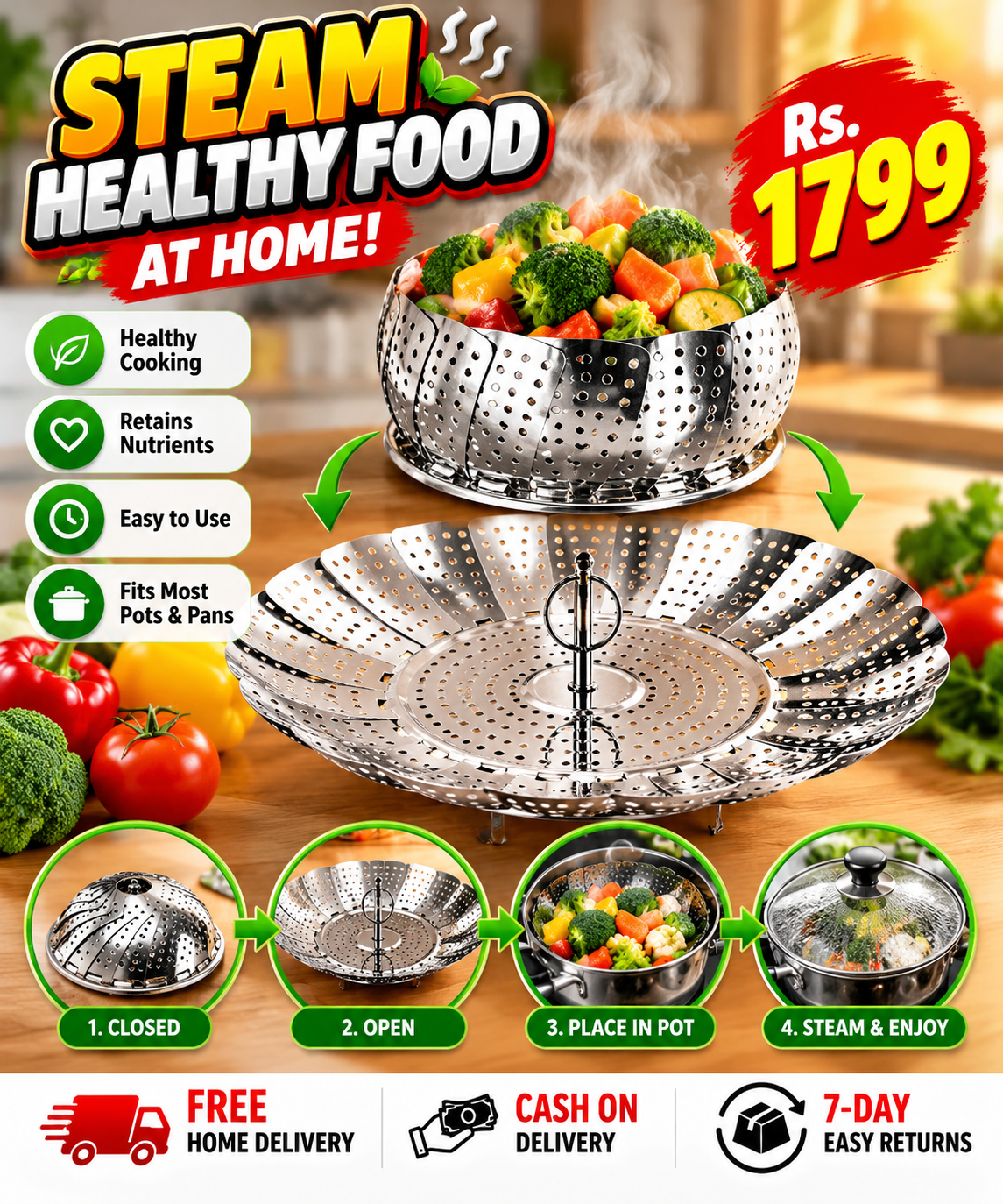 Foldable Stainless Steel Steamer Basket – Adjustable, Anti-Scald Kitchen Steamer