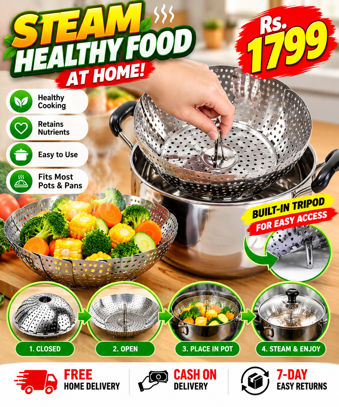 Foldable Stainless Steel Steamer Basket – Adjustable, Anti-Scald Kitchen Steamer