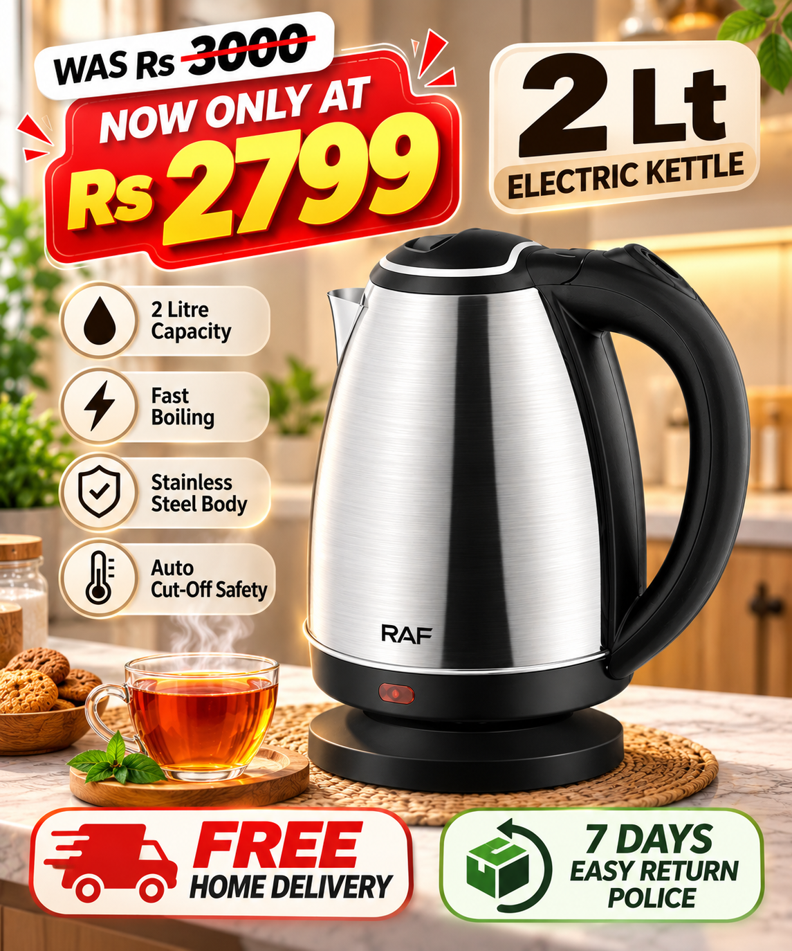 RAF KT-200 Electric Kettle (2.0 Ltr) Concealed – Steel Body - Durable Appliance Designed For Quick Water Boiling In The Kitchen